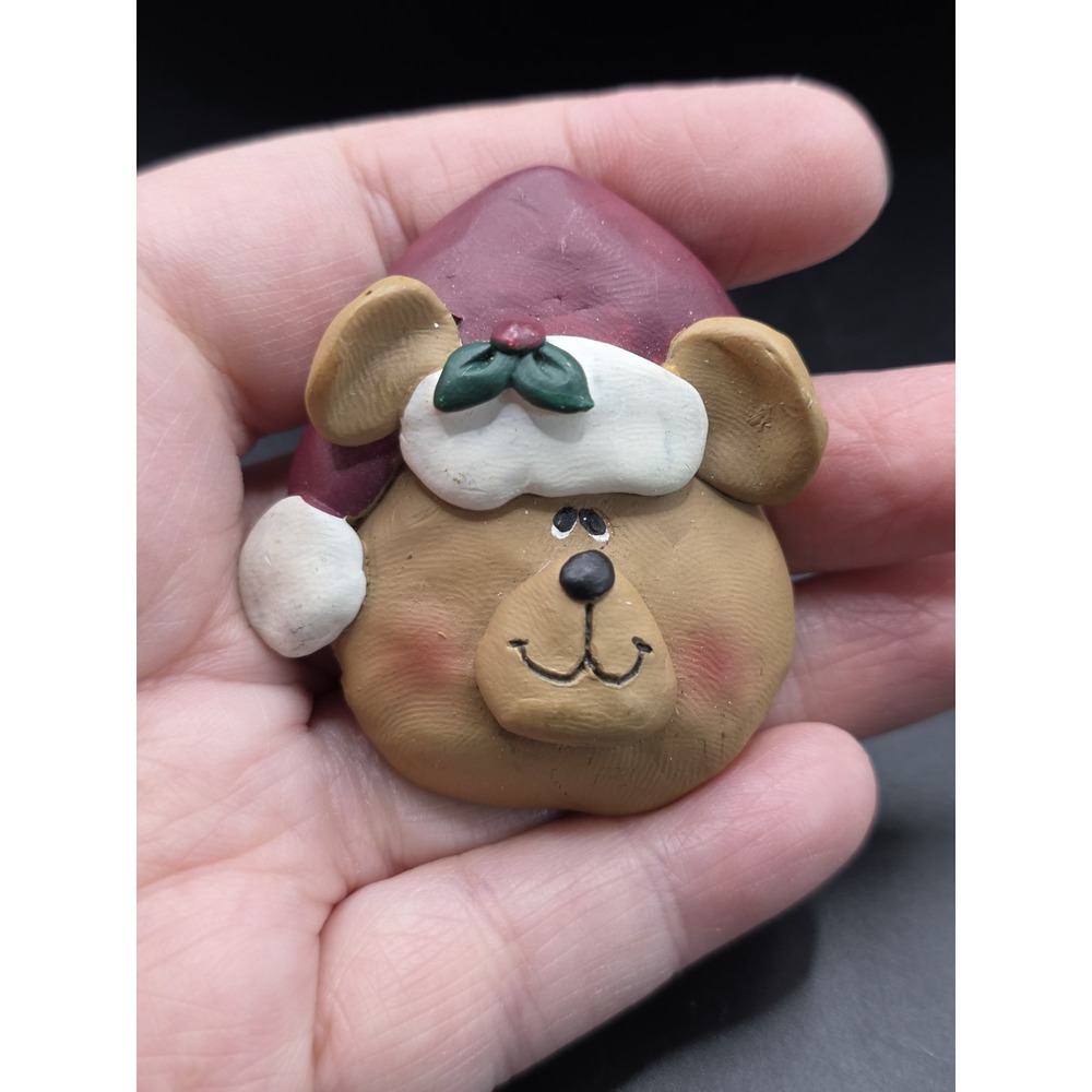 CMI Henton Brooch Christmas Brown Bear Face Head with Red Stocking Cap Pin